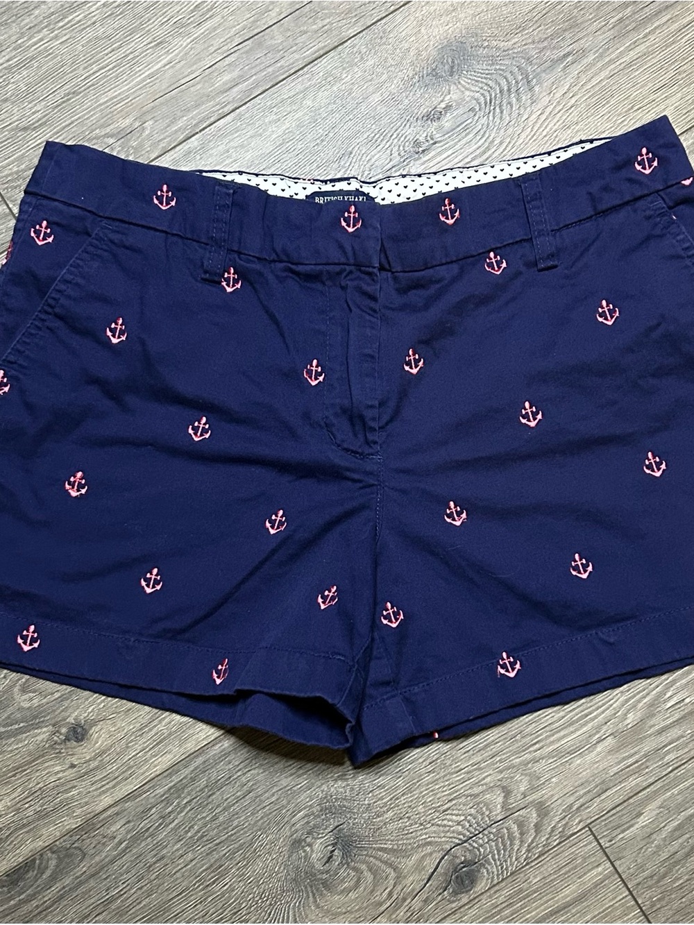 British Khaki Navy Shorts with Pink Anchor Embroidery